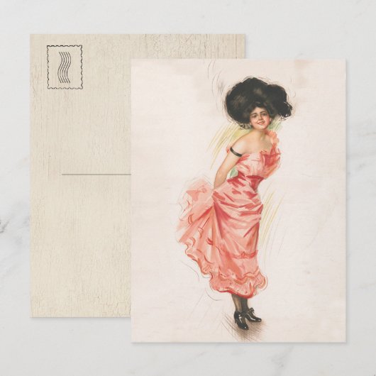 Carte Postale Femme Brune Coquette en Robe de Soie Rose (Devant / Derrière)