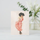 Carte Postale Femme Brune Coquette en Robe de Soie Rose (Debout devant)