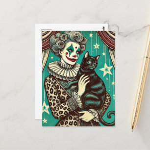 Carte Postale Femme clown de cirque et chat noir