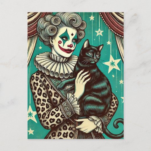 Carte Postale Femme clown de cirque et chat noir (Devant)