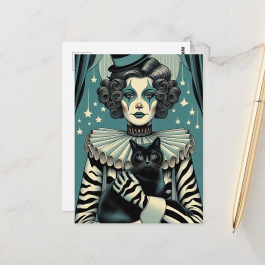 Carte Postale Femme clown de cirque et chat noir (Devant/Arrière en situation)