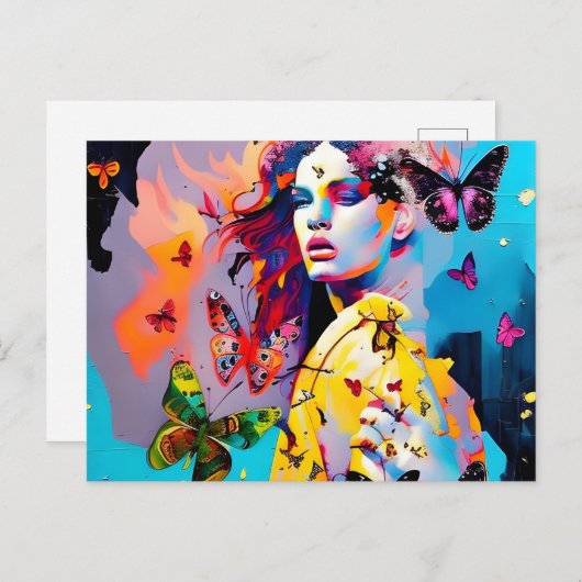 Carte Postale Femme colorée et papillons (Devant / Derrière)