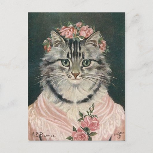 Carte Postale Femme couronne roses chat (Devant)