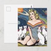 Carte Postale Femme dans l'espace avec des chats blancs (Devant / Derrière)