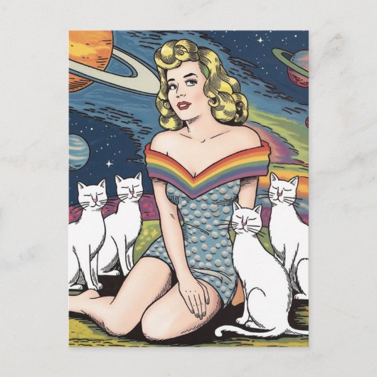 Carte Postale Femme dans l'espace avec des chats blancs (Devant)