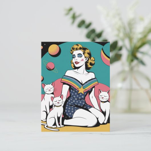 Carte Postale Femme dans l'espace avec trois chats blancs (Debout devant)