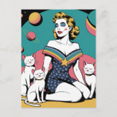 Carte Postale Femme dans l'espace avec trois chats blancs (Devant)