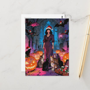 Carte Postale Femme de Noël et d'Halloween Chauves-souris Chats