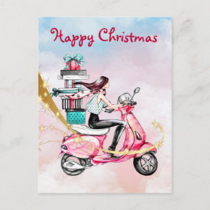 Carte Postale Femme de Noël vintage sur un scooter rose
