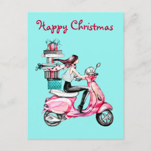 Carte Postale Femme de Noël vintage sur un scooter rose