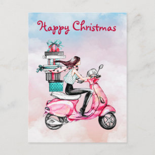 Carte Postale Femme de Noël vintage sur un scooter rose