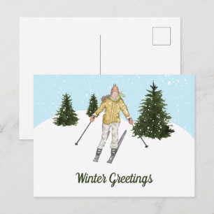 Carte Postale Femme de ski à l'aquarelle et arbres Salutations d