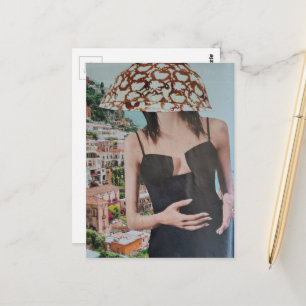 Carte Postale Femme drôle avec un bol sur la tête collage surréa