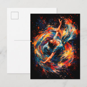 Carte Postale Femme Dynamique Dançant Couleurs Tourbillonnantes