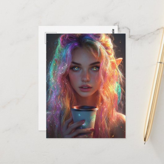 Carte Postale Femme elfe au café (Devant/Arrière en situation)