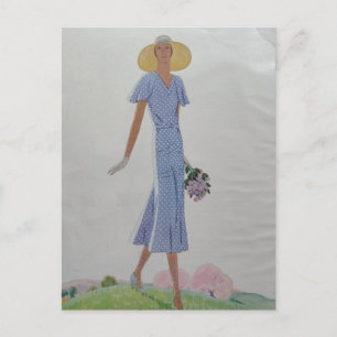 Carte Postale Femme en robe bleue et blanche, mode des années 19