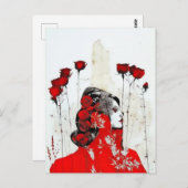 Carte Postale Femme en rouge avec des roses rouges (Devant / Derrière)