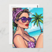 Carte Postale Femme en violet Polka Dot Bikini sur la plage (Devant / Derrière)