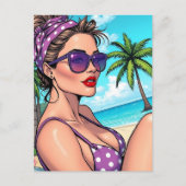 Carte Postale Femme en violet Polka Dot Bikini sur la plage (Devant)