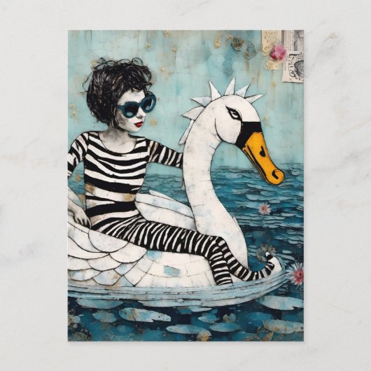 Carte Postale Femme en zèbre en tenue rayée sur un cygne flottan (Devant)