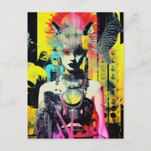 Carte Postale Femme et animaux de fantaisie Collage coloré