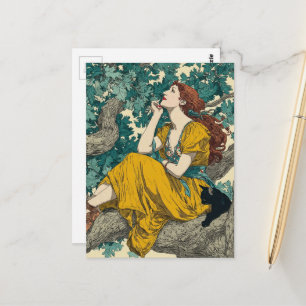 Carte Postale Femme et chat dans un arbre