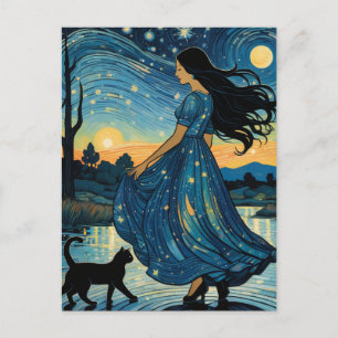 Carte Postale Femme et chat noir dans une nuit étoilée