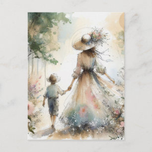 Carte Postale Femme et enfant dans un jardin fleuri pour la fête