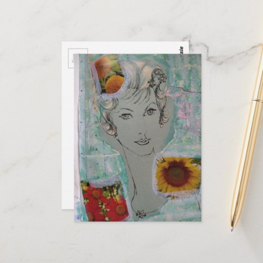Carte Postale Femme et fleurs Coiffure rétro Collage (Devant/Arrière en situation)
