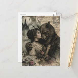 Carte Postale Femme et loup-garou amoureux Vintage