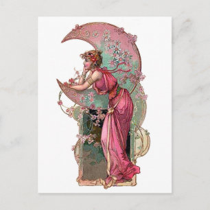 Carte Postale Femme et lune, Art nouveau, vintage romantique