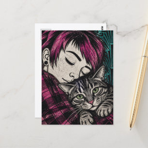 Carte Postale Femme et son chat en xylographie