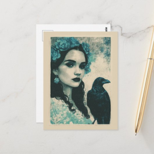 Carte Postale Femme et un corbeau  (Devant/Arrière en situation)