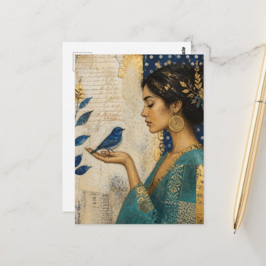 Carte Postale Femme et un oiseau bleu (Devant/Arrière en situation)