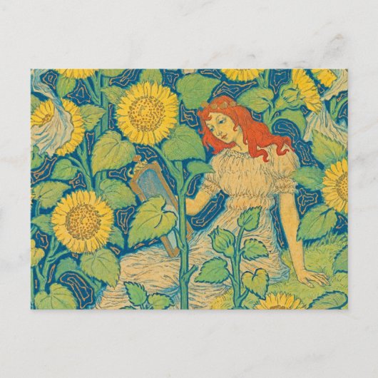 Carte Postale Femme-fille de fleurs dans le jardin de tournesol (Devant)