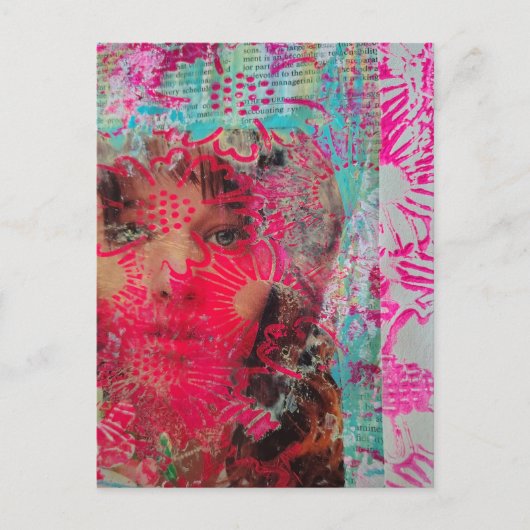 Carte Postale Femme Fleur Collage en Techniques Mixtes  (Devant)