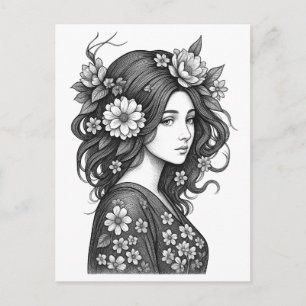 Carte Postale Femme Fleurie Art Linéaire Romantique