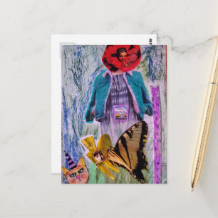 Carte Postale Femme florale papillon en collage multimédia déten