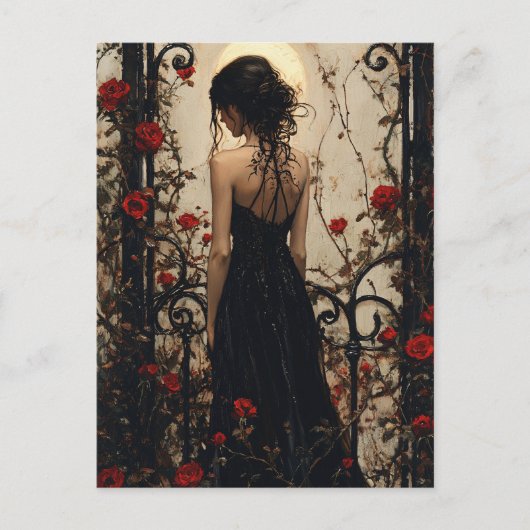 Carte Postale Femme gothique en robe noire parmi les roses rouge (Devant)
