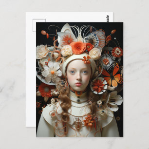 Carte Postale Femme Imaginaire en blanc avec papillons orange