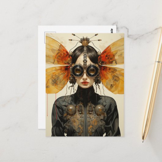 Carte Postale Femme insecte Steampunk science-fiction (Devant/Arrière en situation)