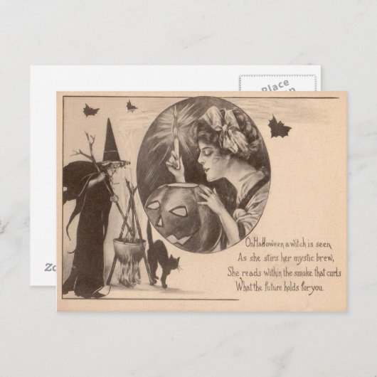 Carte Postale Femme Jack O' Lantern sorcière Chat noir (Devant / Derrière)