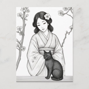 Carte Postale Femme japonaise avec chat noir