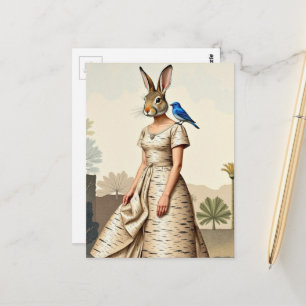 Carte Postale Femme lapin en robe d'écorce de bouleau Collage de