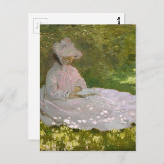 Carte Postale Femme Lecture Springtime Monet (Devant / Derrière)