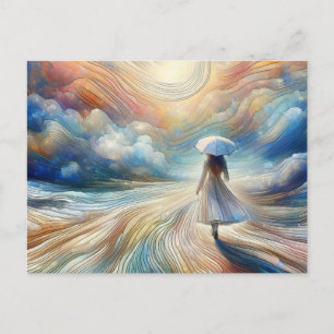 Carte Postale Femme marchant avec Umbrellla