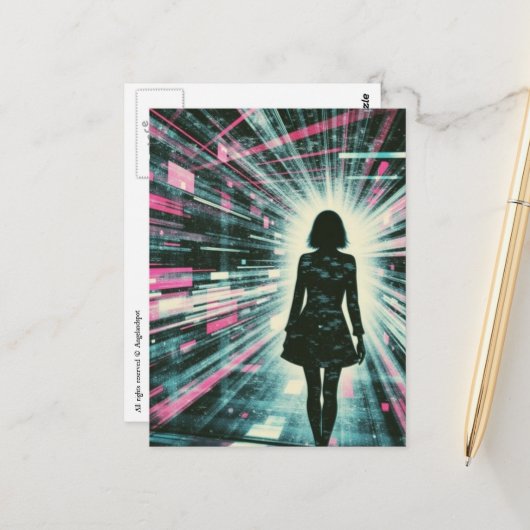 Carte Postale Femme marchant perdue dans l'algorithme (Devant/Arrière en situation)