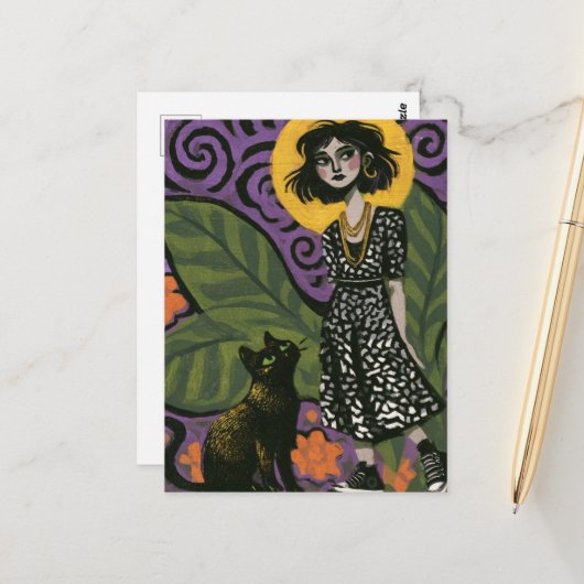 Carte Postale Femme mignonne et son chat (Devant/Arrière en situation)