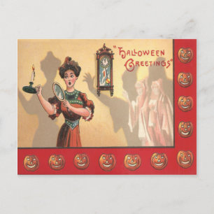 Carte Postale Femme Miroir Chandelle Horloge Fantôme Citrouille 