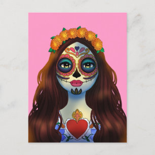 Carte Postale Femme mystérieuse au crâne de sucre